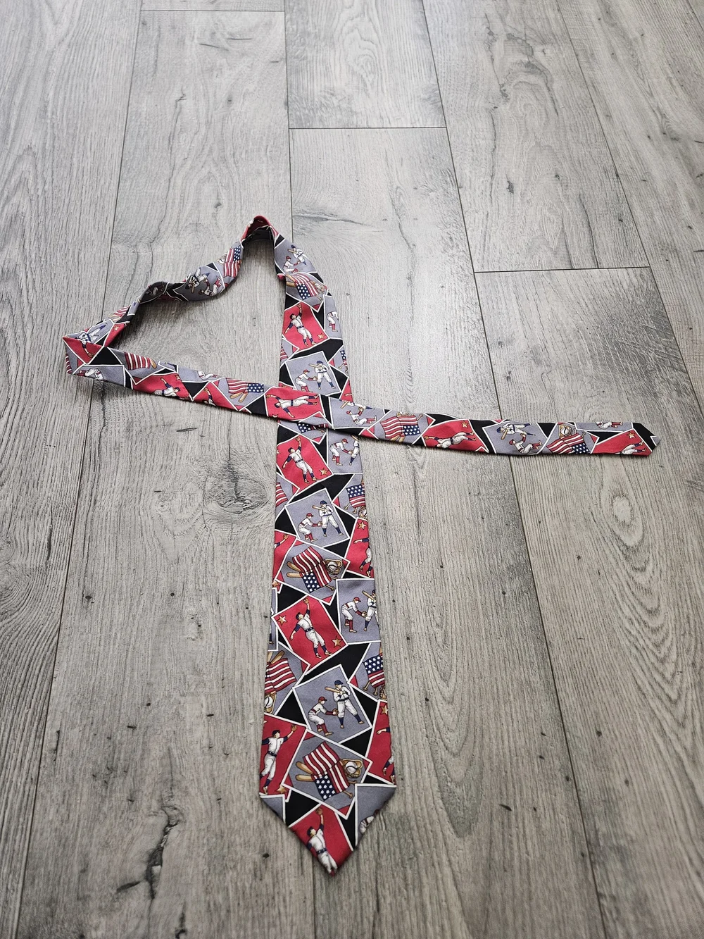 Patriotic 100% Italian Silk Baseball Print Men's Tie in Red & Gray Made In USA